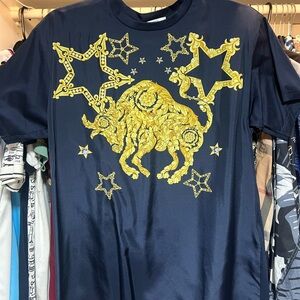 Versace Collection Dark Blue “Taurus” Tee with Gold Constellation Motif - XS